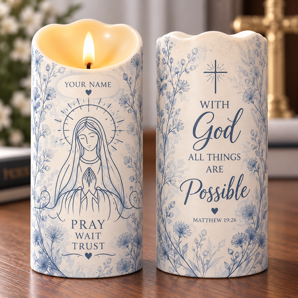 Personalized Virgin Mary Blue Line Art Flameless LED Candle