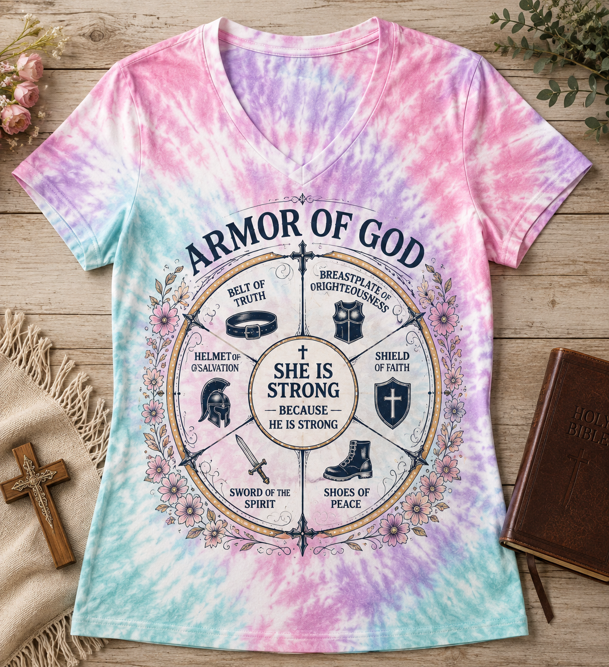 She Is Strong – Armor of God Women's Tie-Dye T-Shirt | Christian Faith Tee