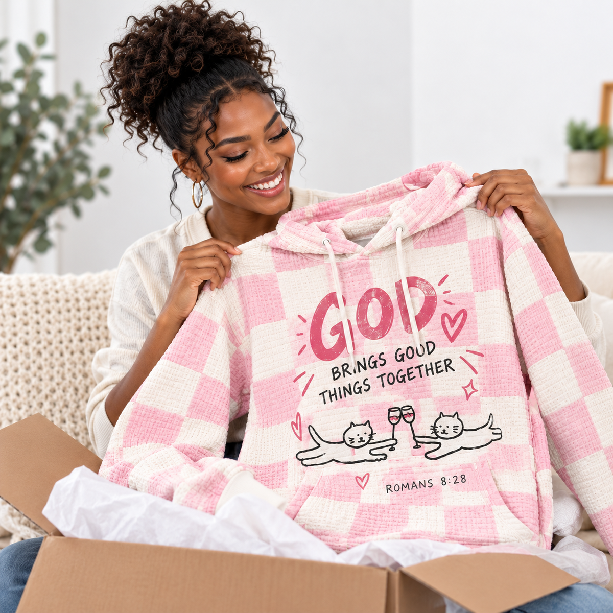 Pink Checkered Cats Waffle Hoodie