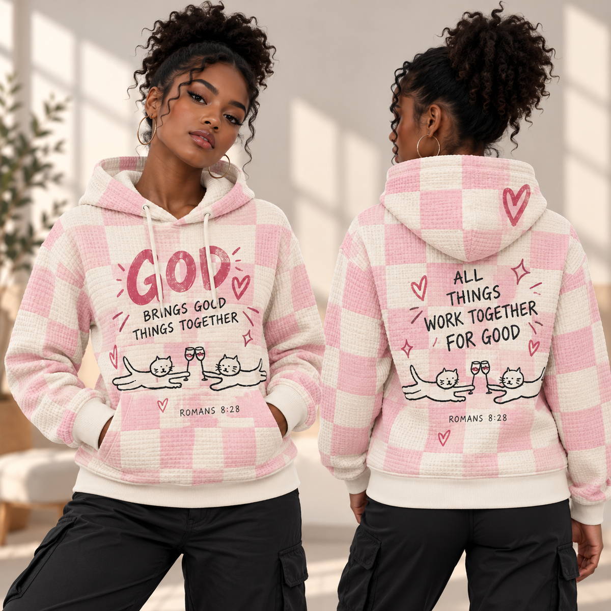 Pink Checkered Cats Waffle Hoodie