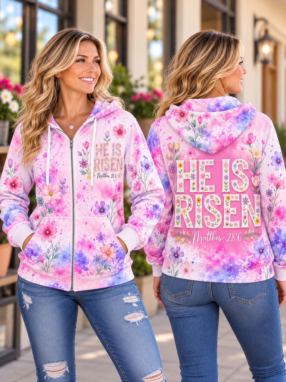 He Is Risen Floral Zip Hoodie