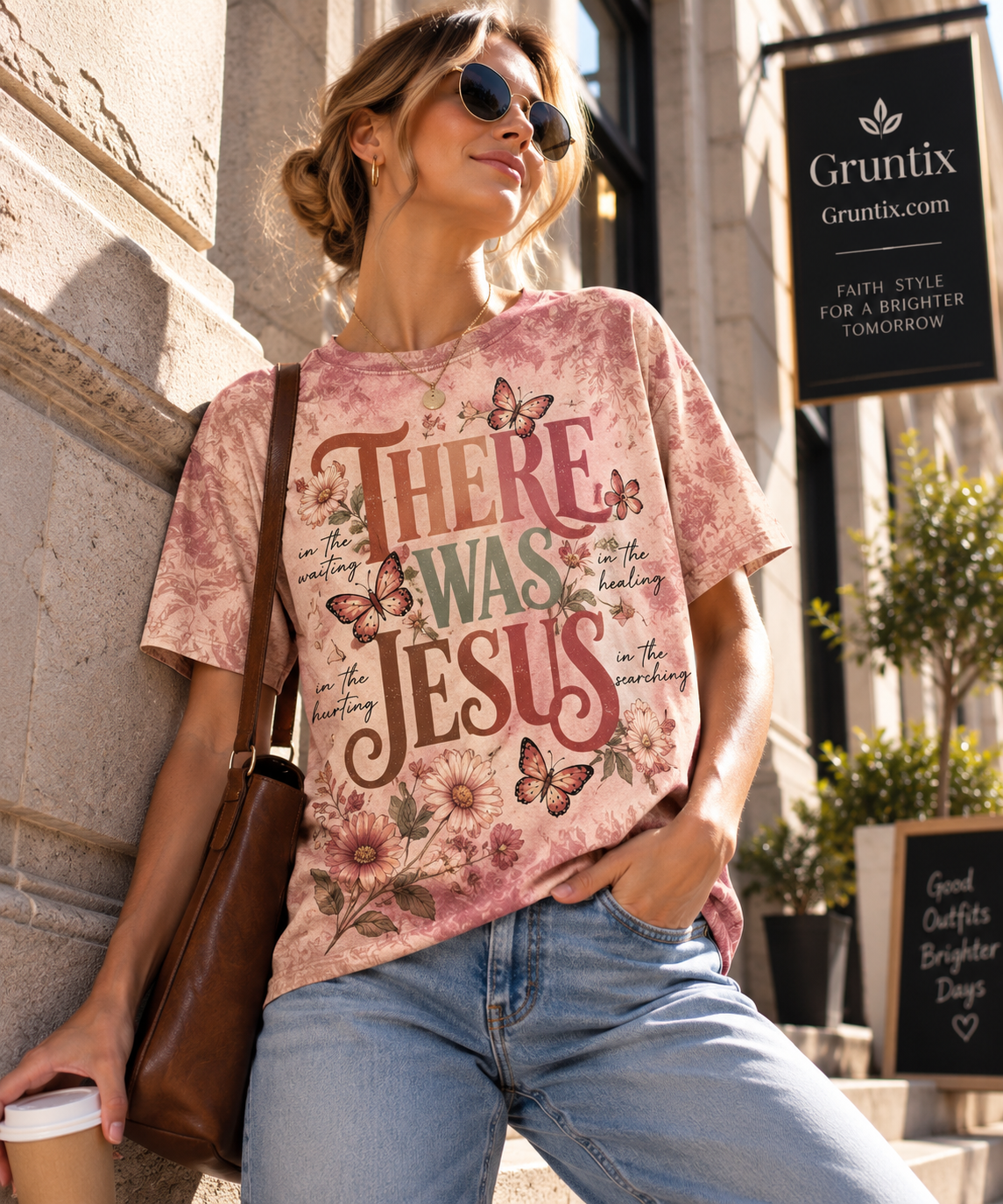 There Was Jesus Floral Christian T-Shirt – Pink