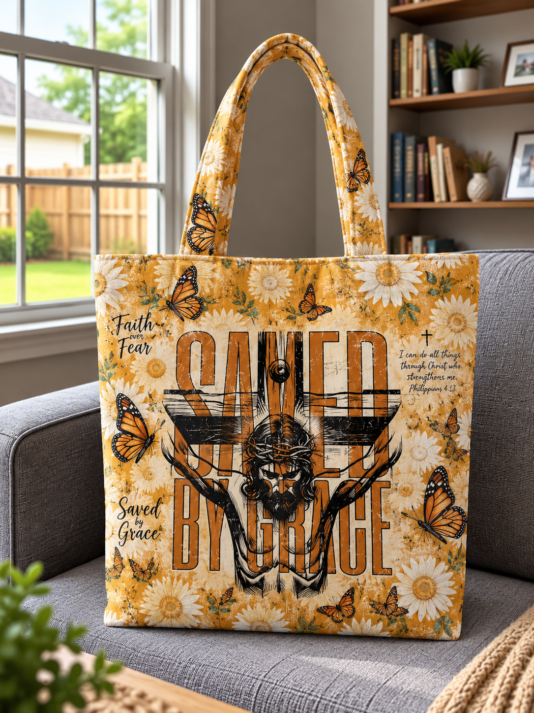 Saved By Grace Jesus Cross Monarch Daisy Tote Bag