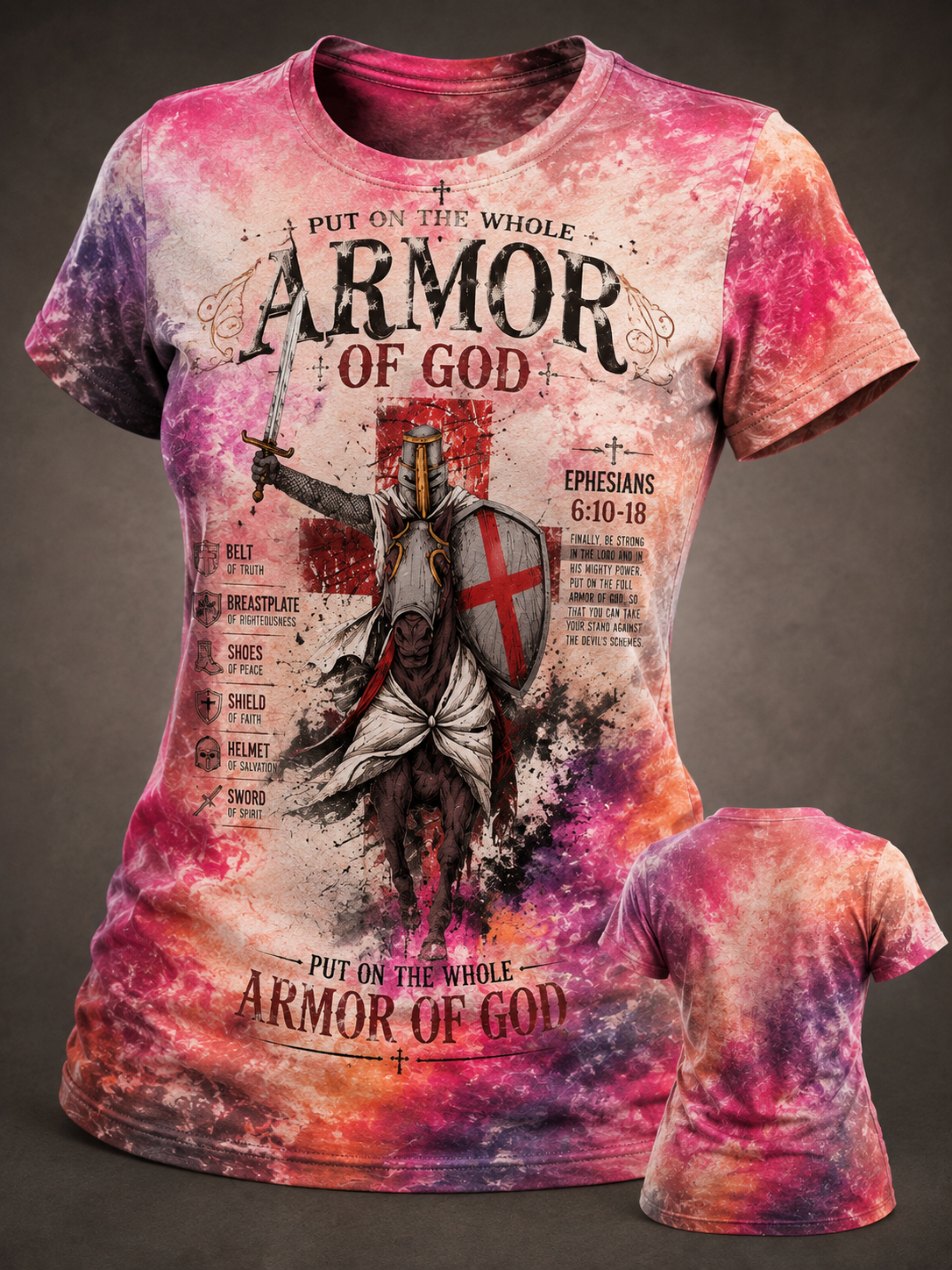 Armor of God Ephesians 6:10-18 Pink Purple Tie-Dye T-Shirt