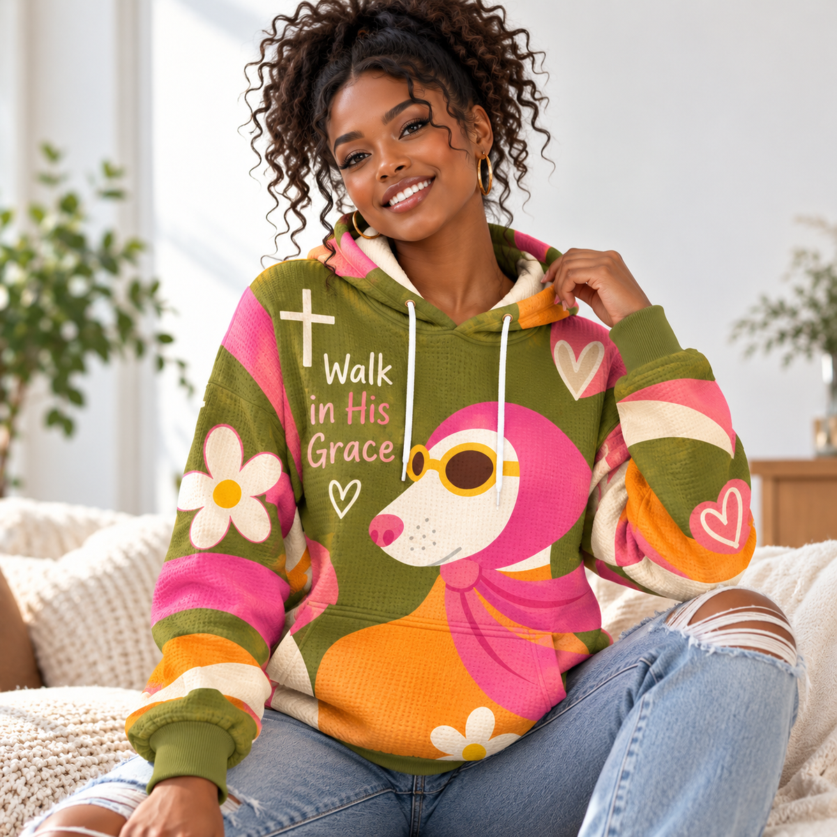 Retro Scarf Dog Waffle Hoodie