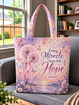 Every Miracle Starts With Hope Pink Ribbon Dandelion Tote Bag