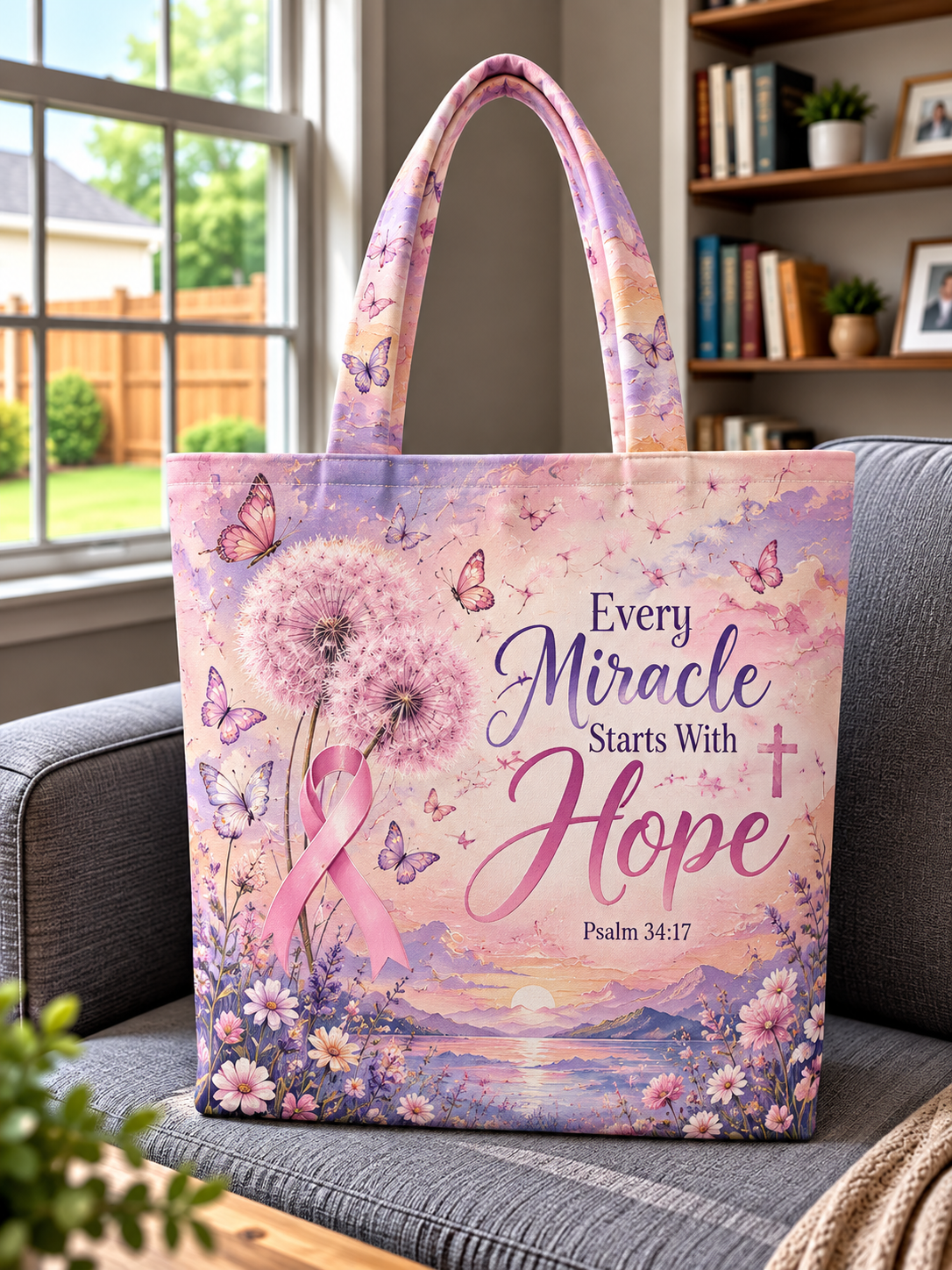 Every Miracle Starts With Hope Pink Ribbon Dandelion Tote Bag