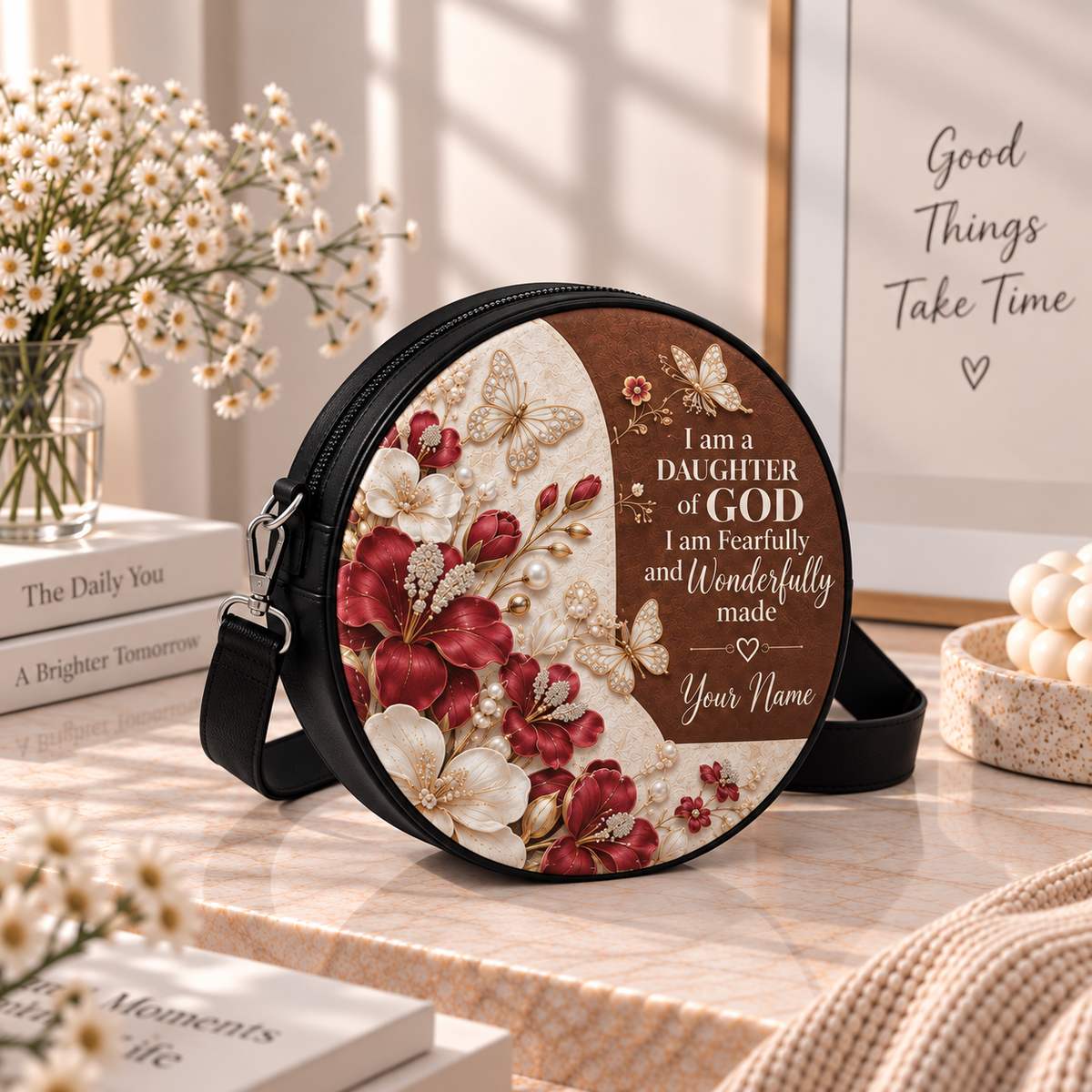Personalized Daughter of God Floral Leather Round Bag