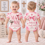 Front and back pink floral baby bodysuit with MAMA and Motherhood is Kingdom Work text