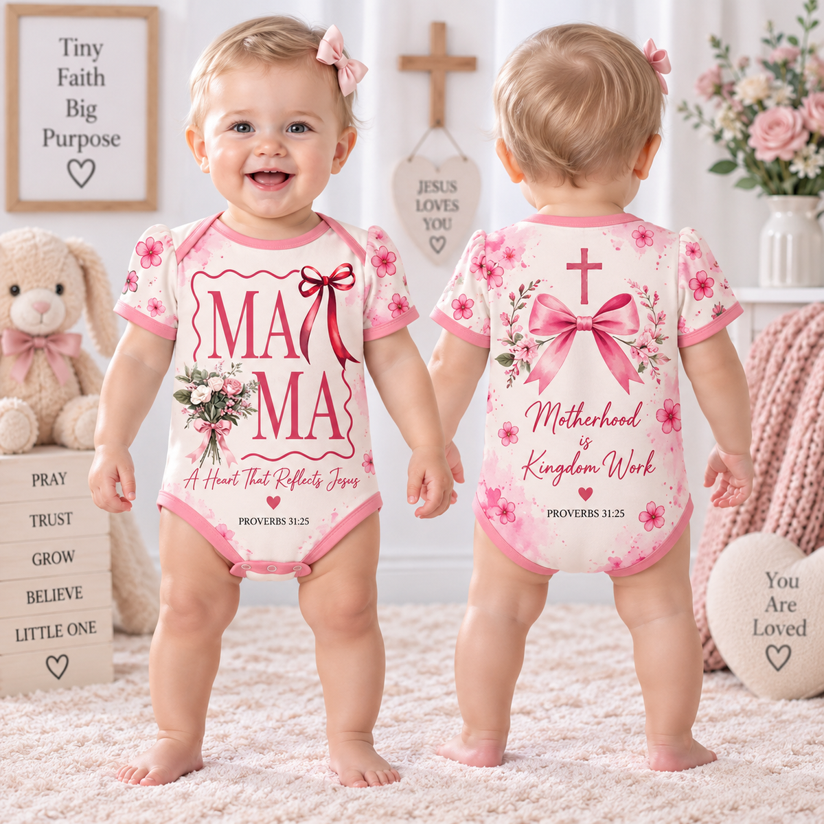 Front and back pink floral baby bodysuit with MAMA and Motherhood is Kingdom Work text