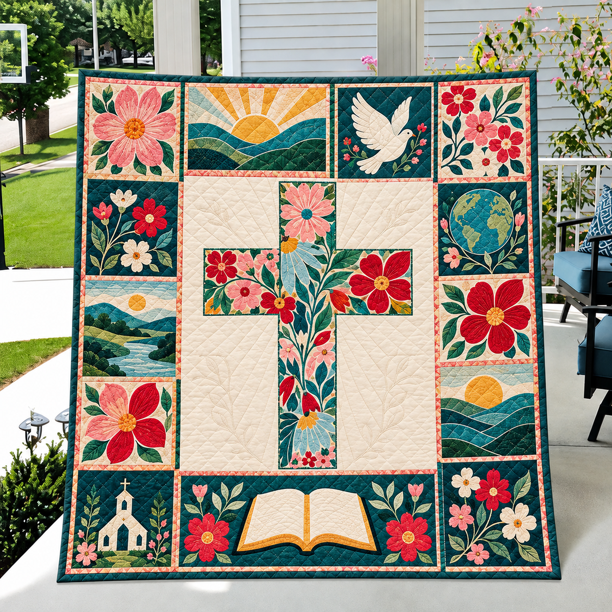 Floral Cross Faith Christian Folk Art Quilt