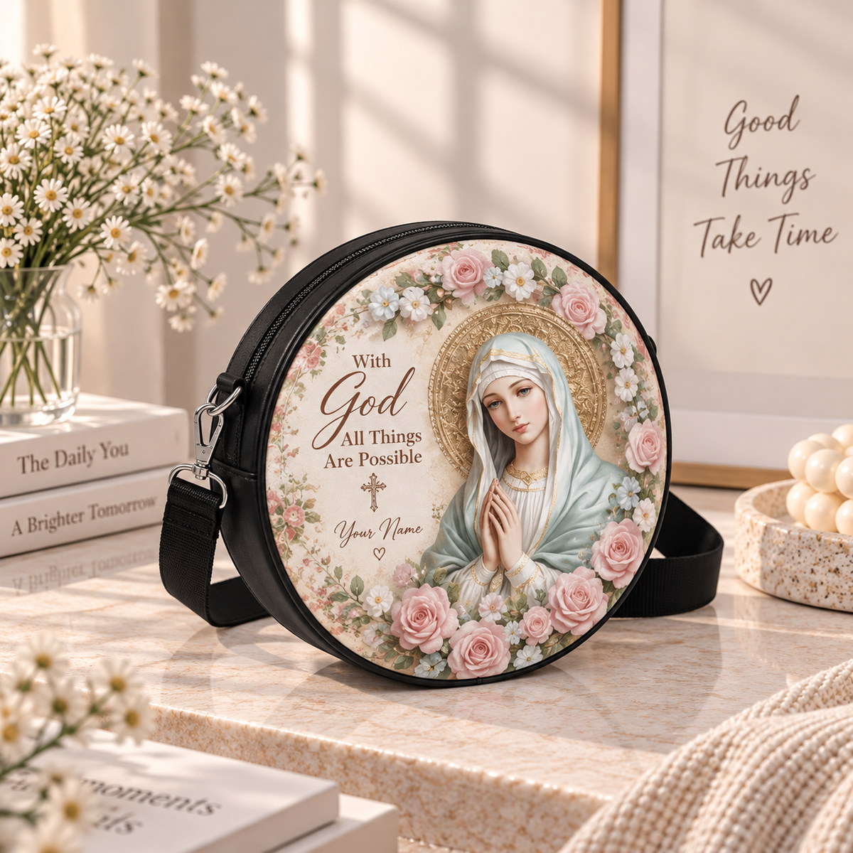 Personalized Virgin Mary Pink Roses Personalized Leather Round Bag