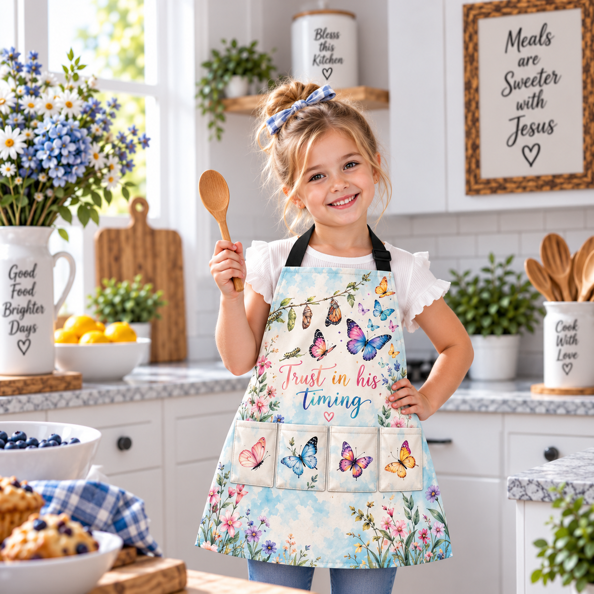 Trust in His Timing Butterfly Kids Apron
