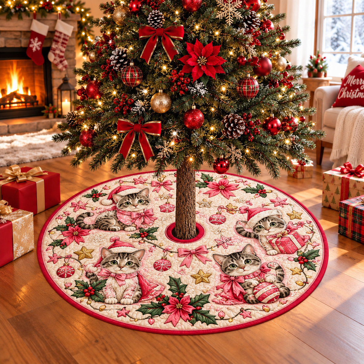 Pink Santa Kittens Christmas Tree Skirt