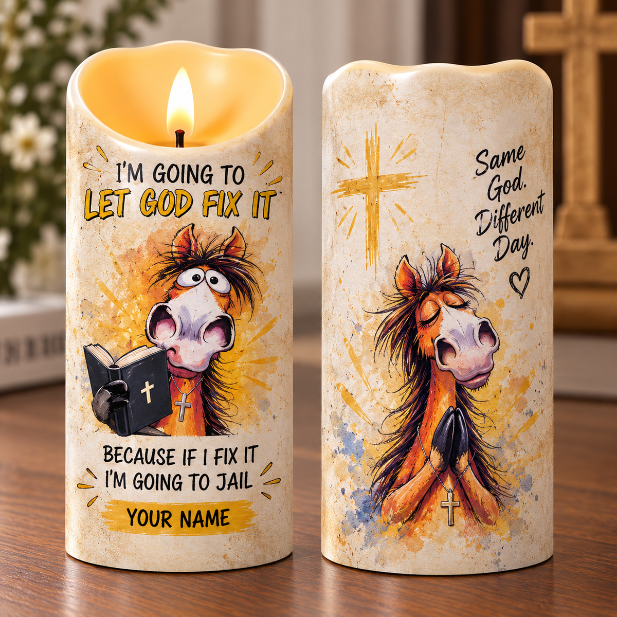 Personalized Let God Fix It Horse Flameless LED Candle