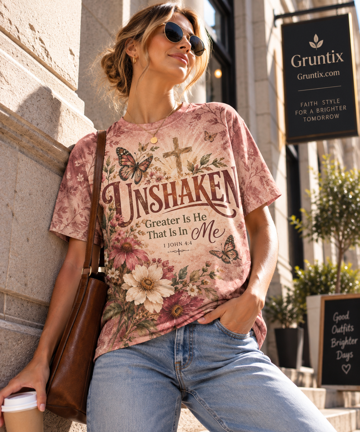 Dusty Rose Unshaken Floral Christian T-Shirt – 1 John 4:4