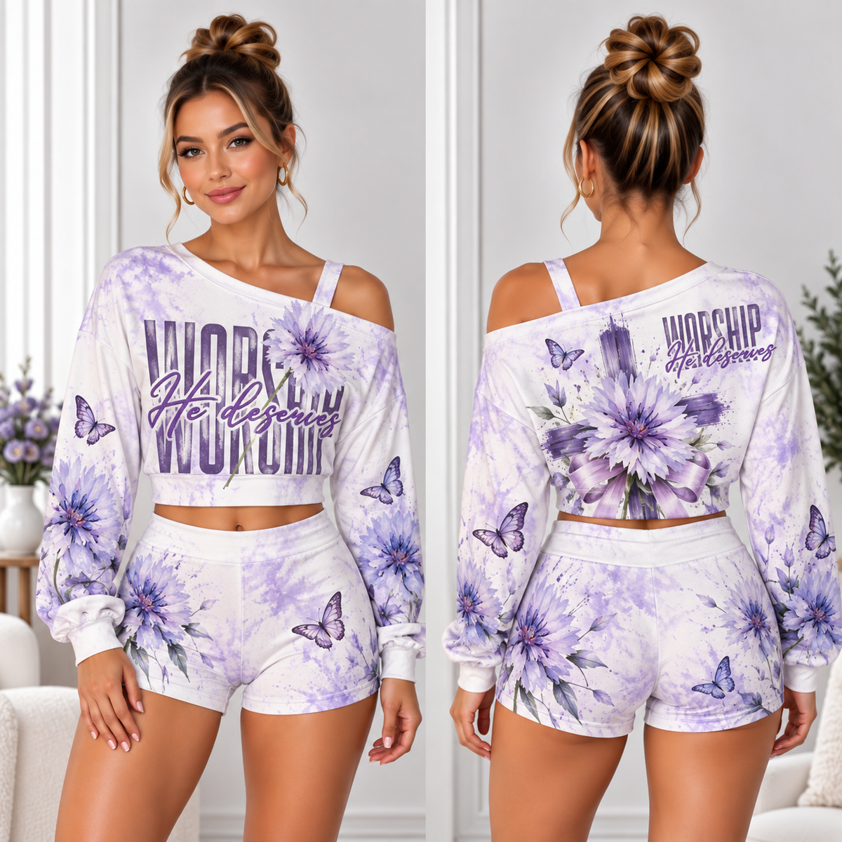 Worship He Deserves One-Shoulder Top And Shorts Set