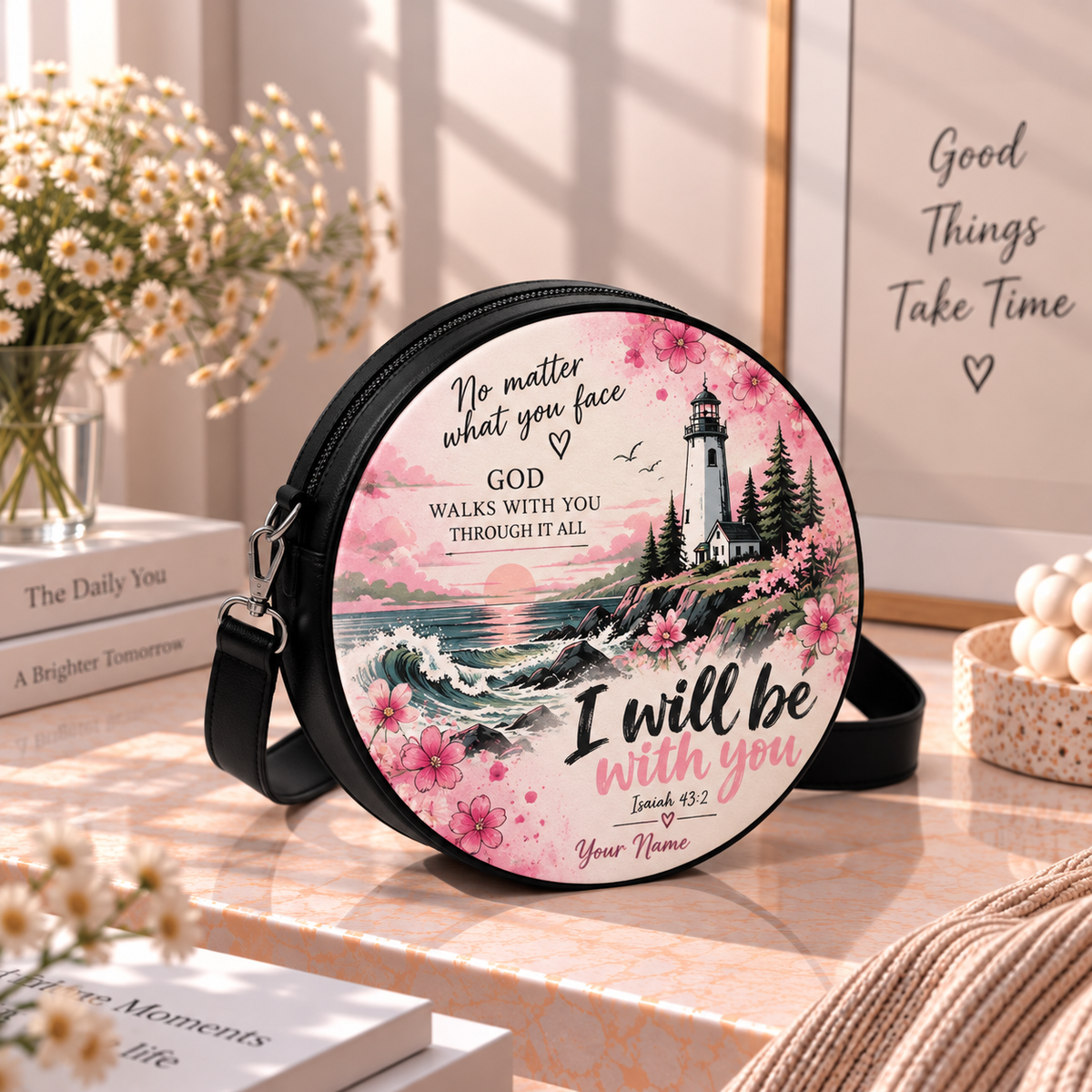 Personalized Lighthouse I Will Be with You Leather Round Bag
