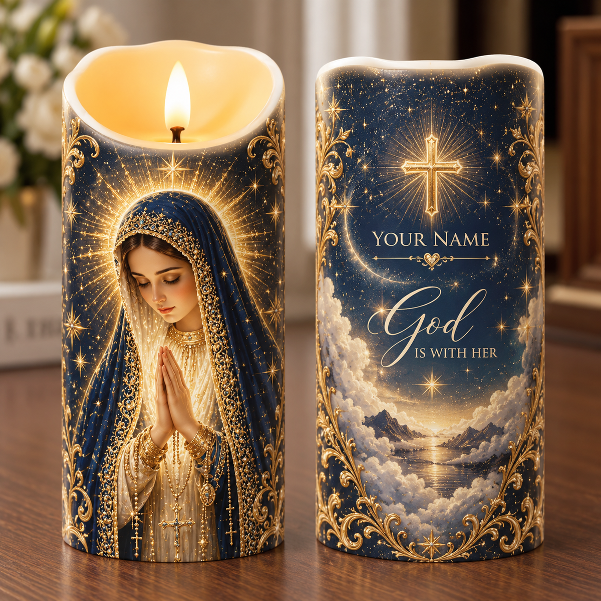 Personalized Virgin Mary Starry Night Flameless LED Candle