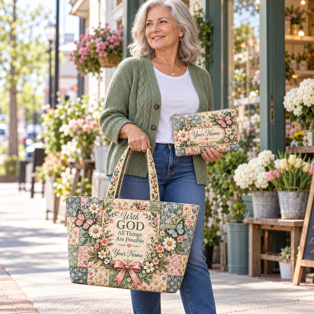 Personalized Pastel Butterflies & Daisies Quilted Shoulder Bag & Storage Bag