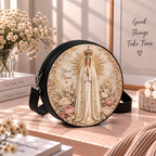 Personalized Our Lady of Fatima Roses Leather Round Bag