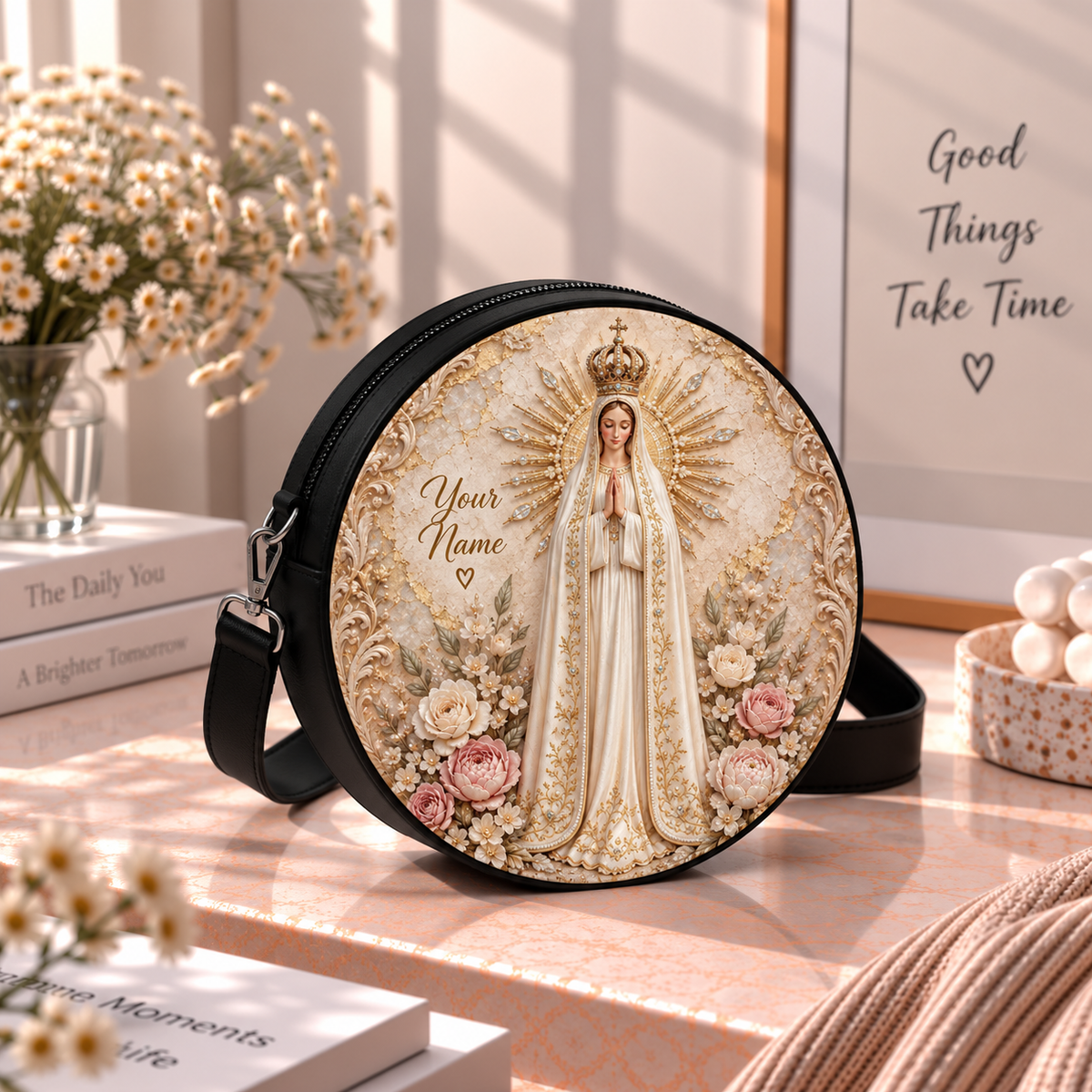 Personalized Our Lady of Fatima Roses Leather Round Bag