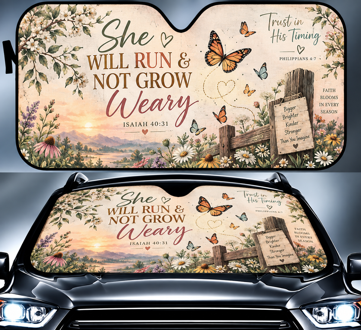 She Will Run And Not Grow Weary Butterfly Car Sun Shade