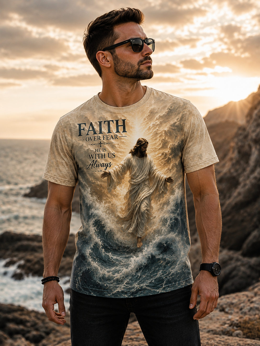 Faith Over Fear T-Shirt – Jesus Walking on Water Matthew 14:29 He Is With Us Always All-Over Print Christian Shirt