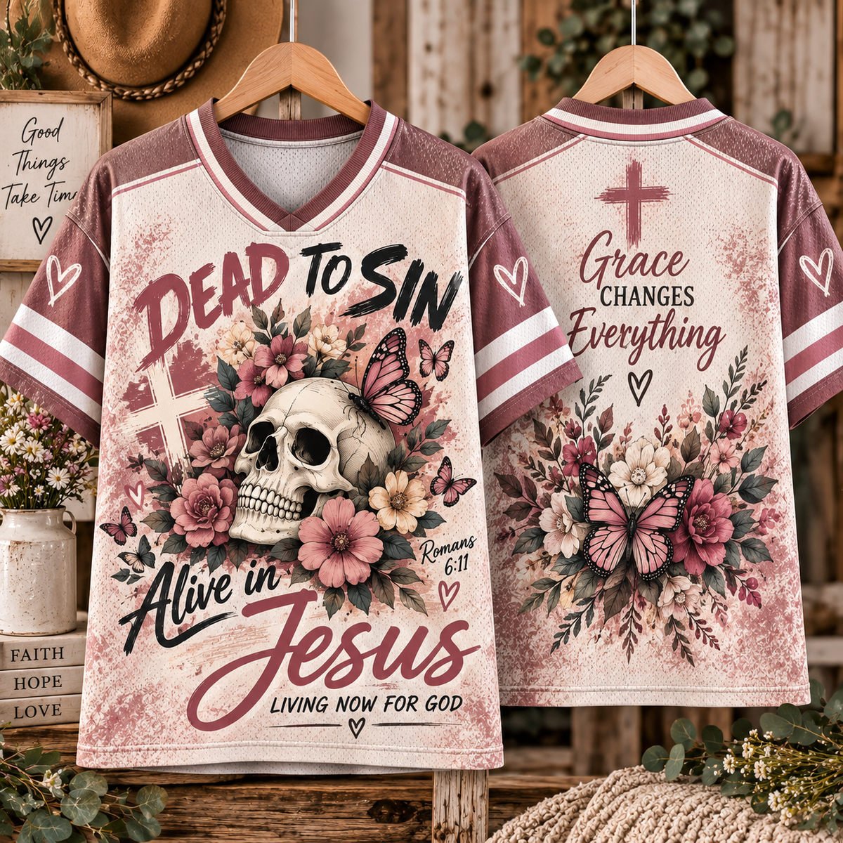 Dead to Sin Alive in Jesus Floral Skull T-Shirt Jersey