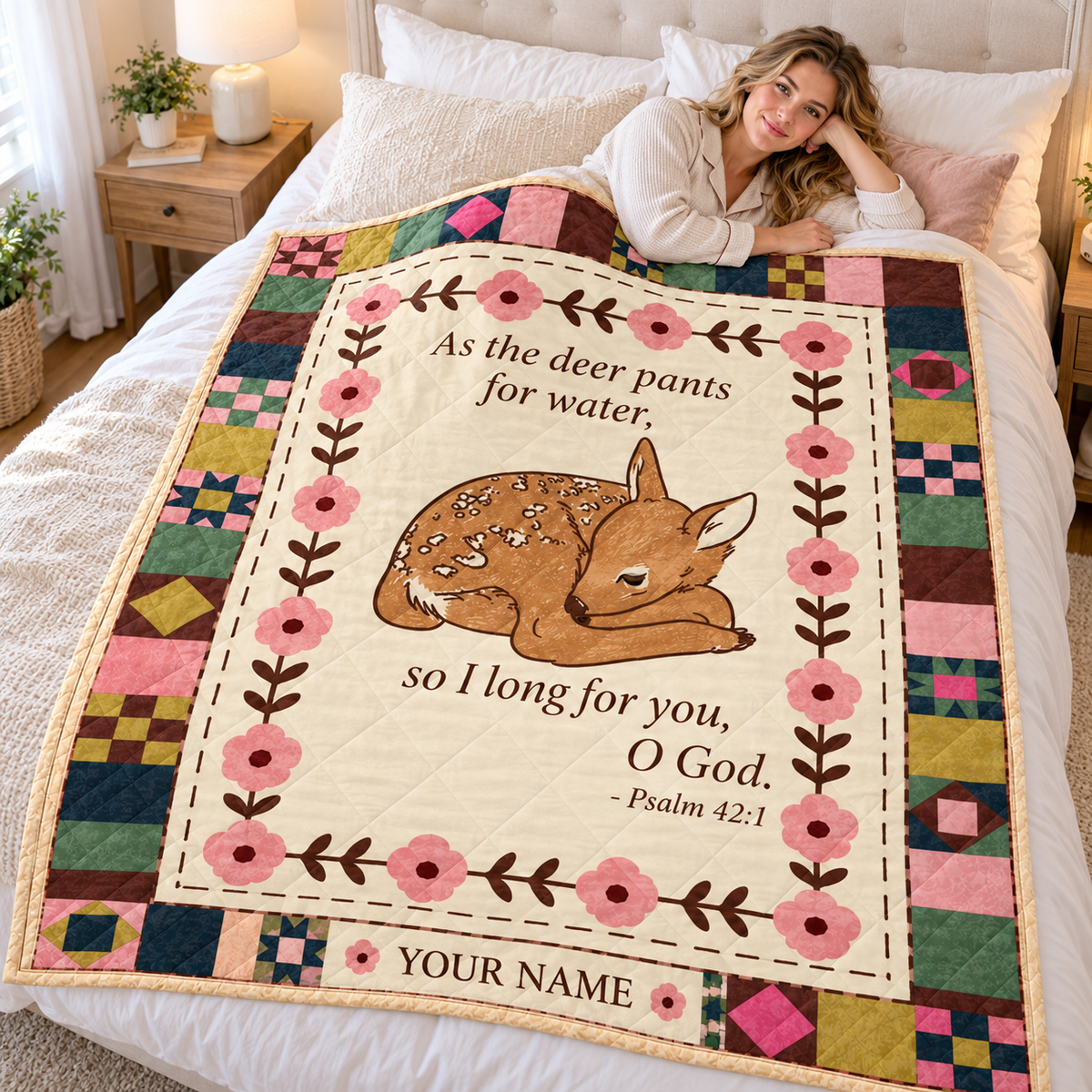 Sleeping Fawn Floral Patchwork Personalized Quilt