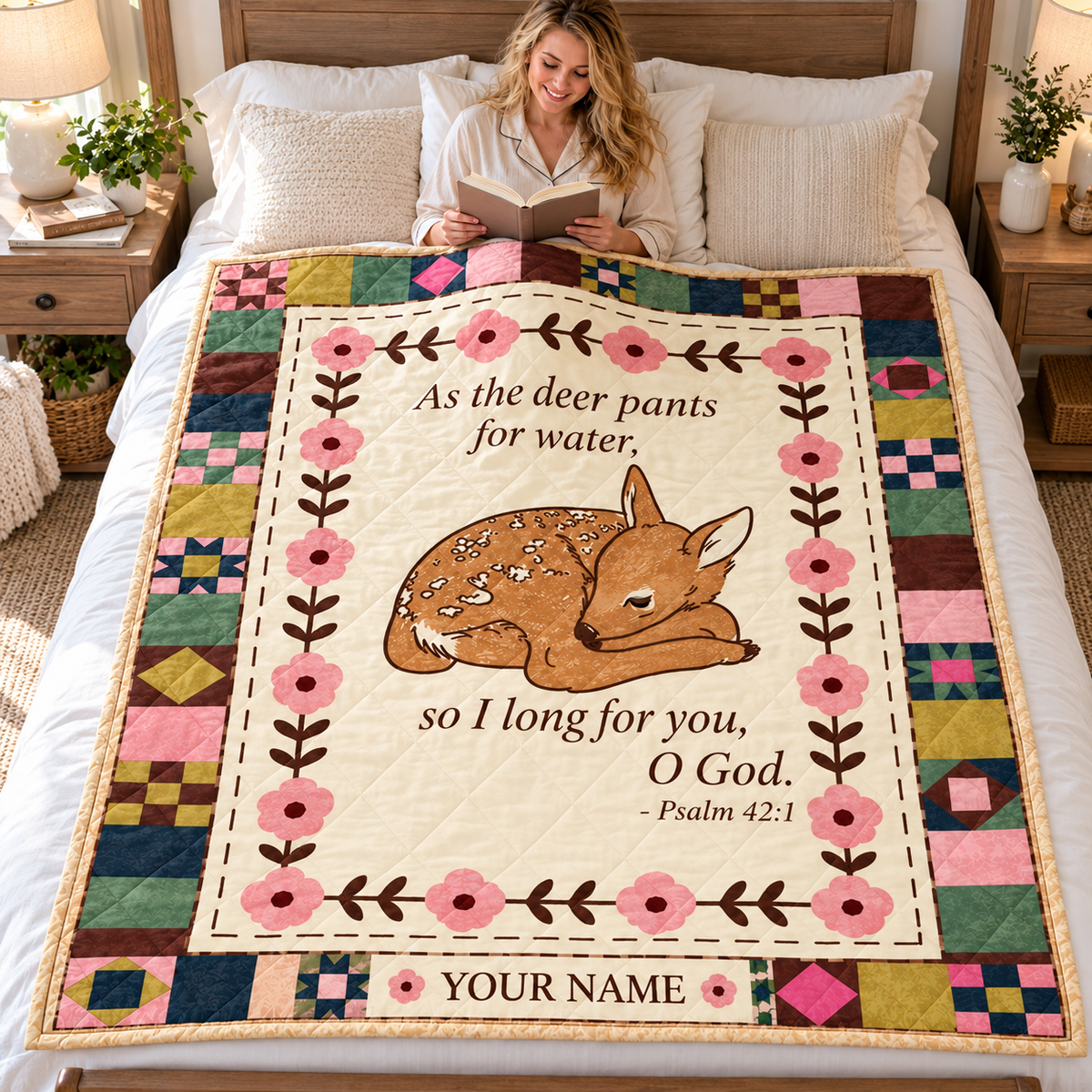 Sleeping Fawn Floral Patchwork Personalized Quilt
