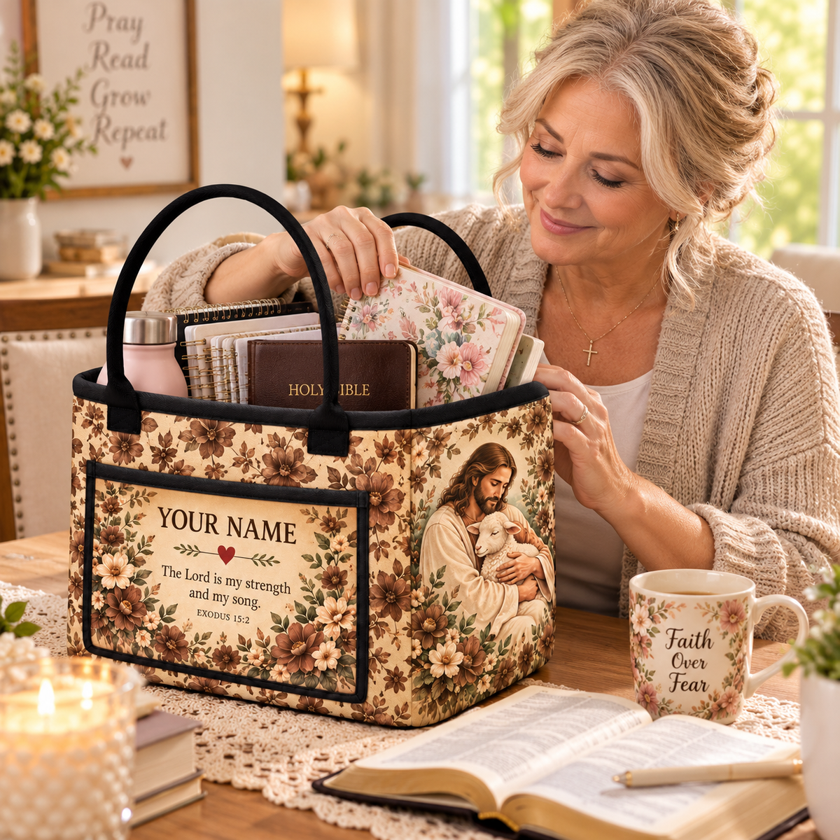Vintage Brown Floral Lamb Personalized Quilted Storage Basket