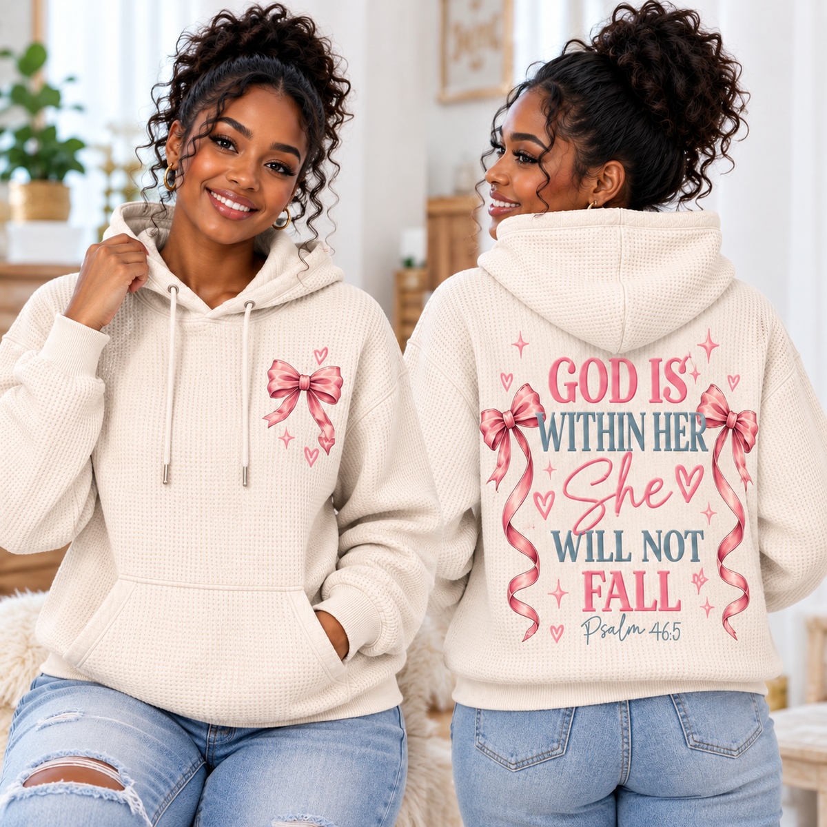 Cream Pink Bow Waffle Hoodie