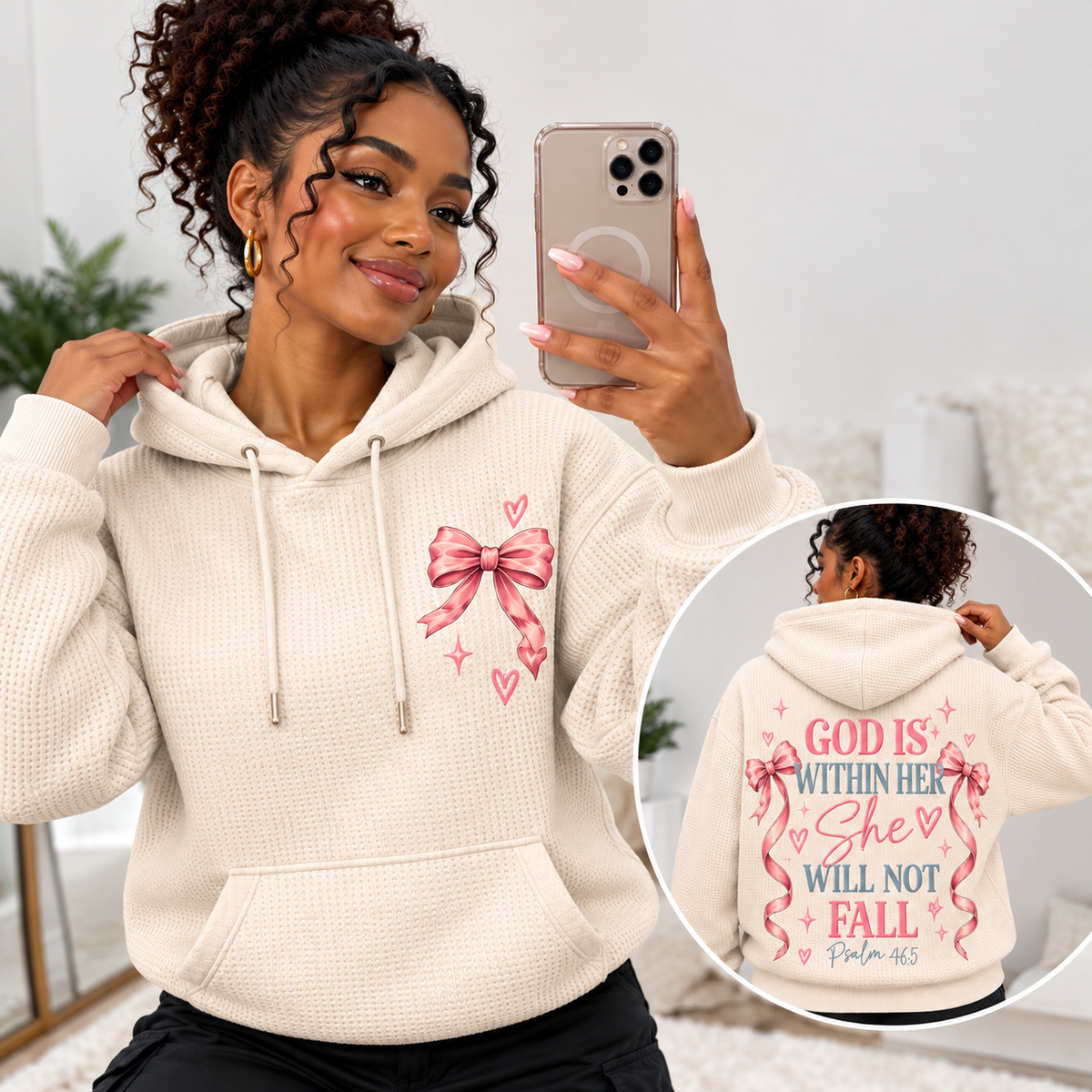 Cream Pink Bow Waffle Hoodie