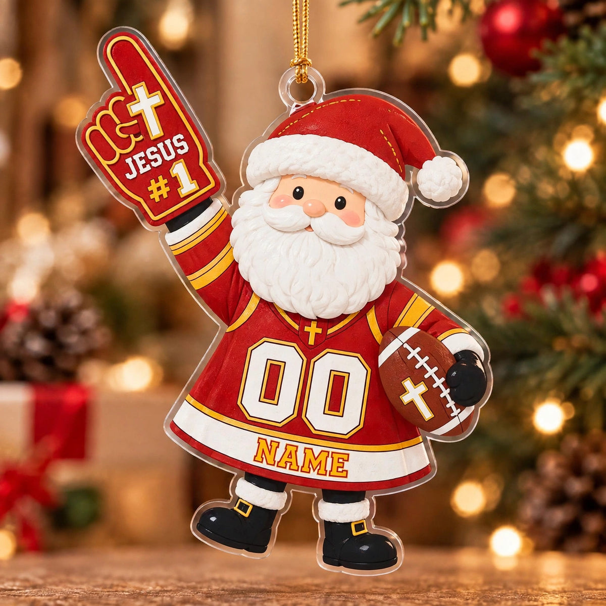 Jesus #1 Red Football Santa Personalized Sports Ornament