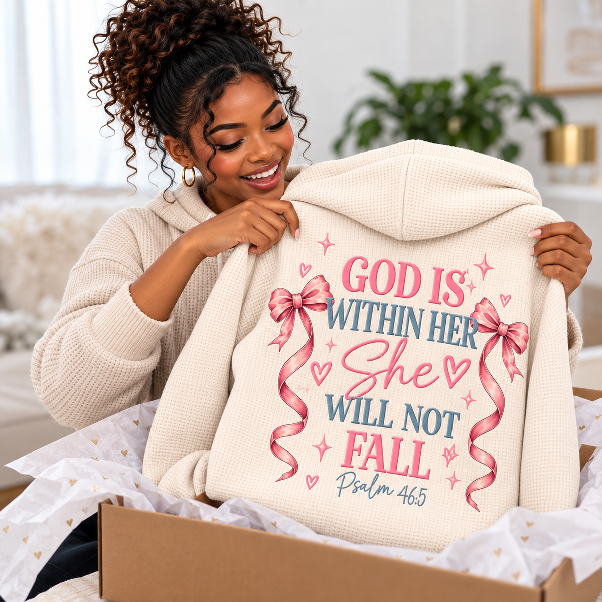 Cream Pink Bow Waffle Hoodie