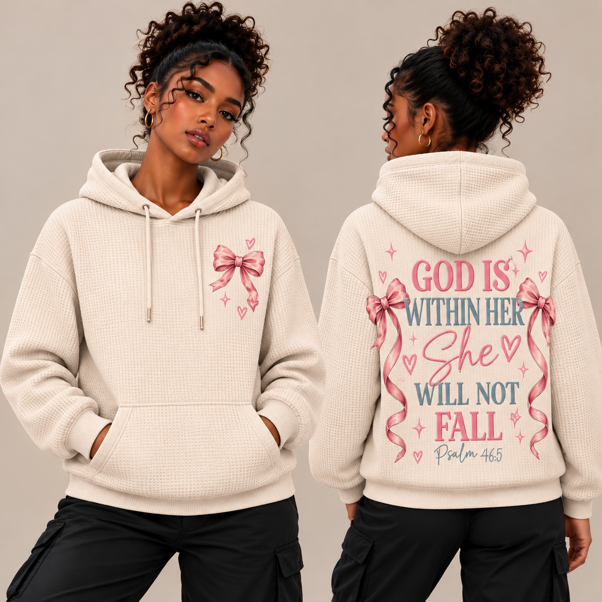 Cream Pink Bow Waffle Hoodie