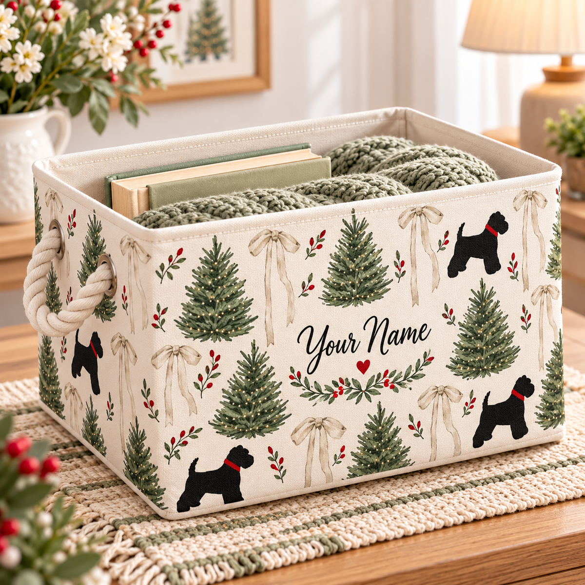 Black Dog Pine Bow Personalized Storage Basket