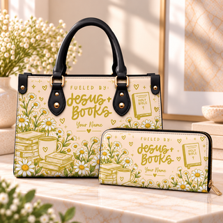 Cream Daisy Books Personalized PU Leather Handbag & Leather Long Wallet
