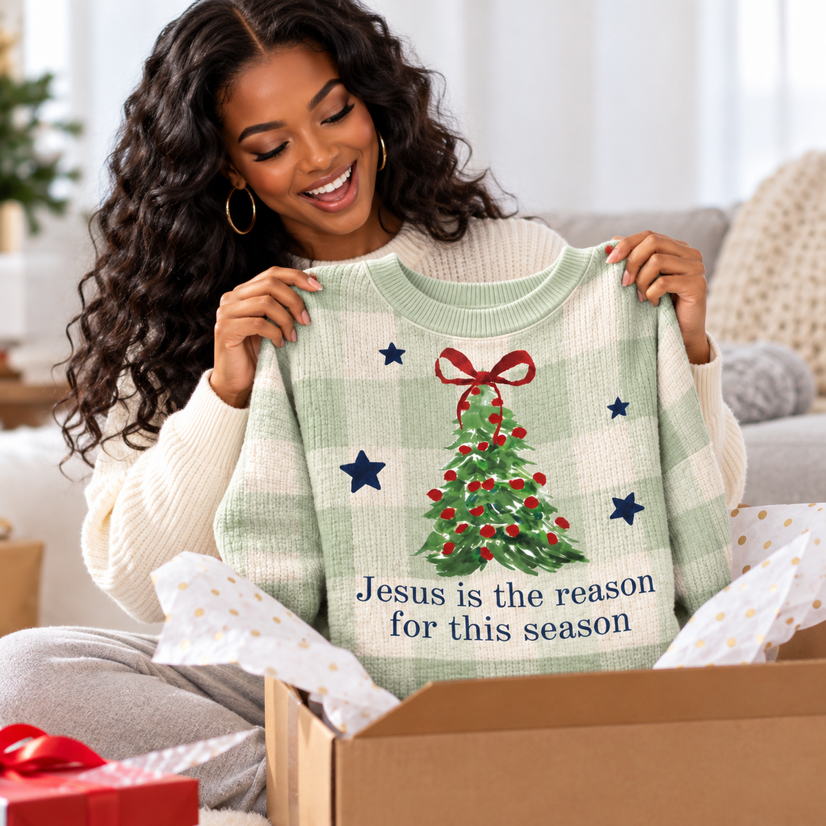 Sage Checkered Tree Bow Waffle Sweatshirt