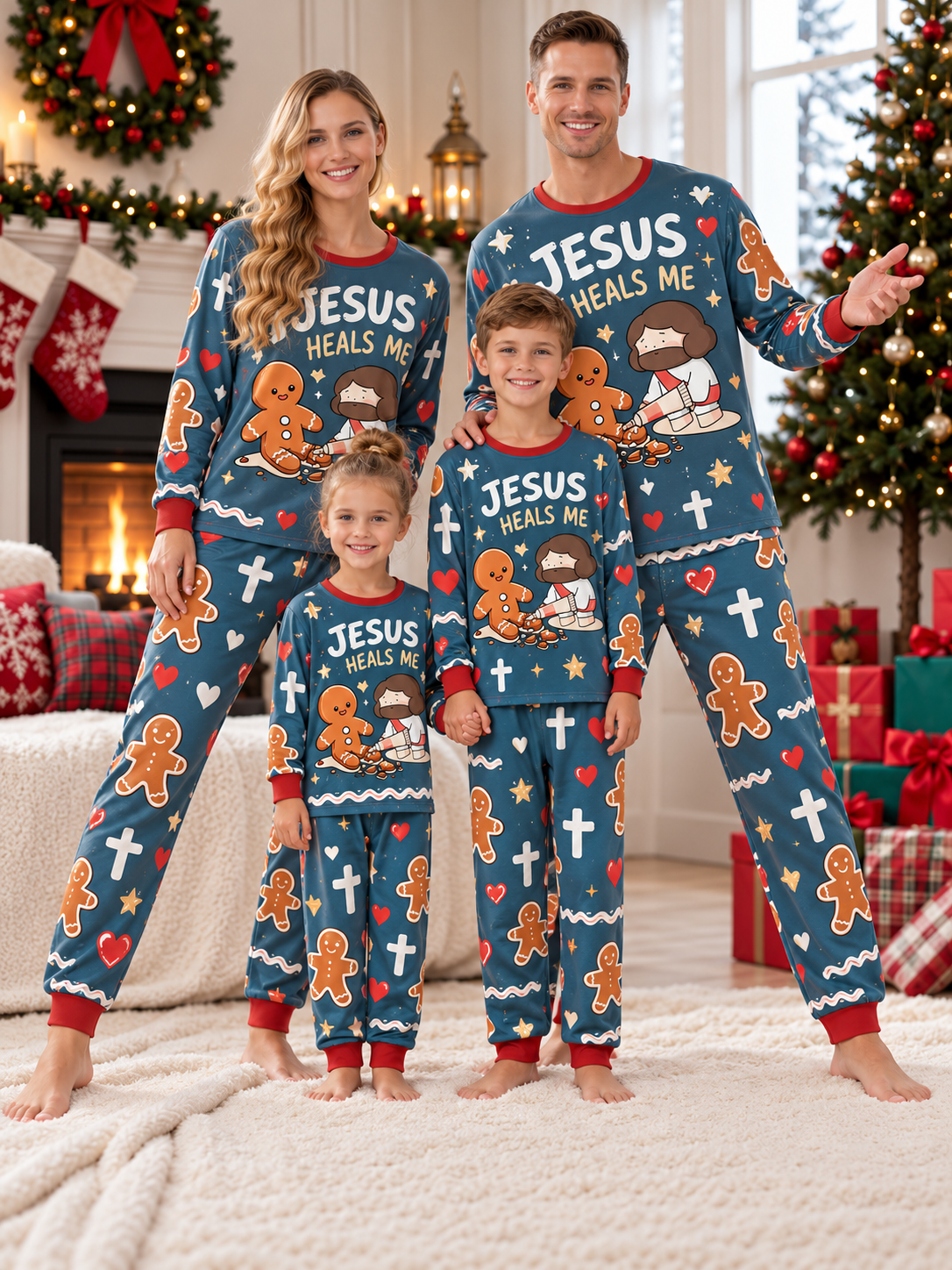 Jesus Heals Me Gingerbread Family Mixed Cotton Pajamas