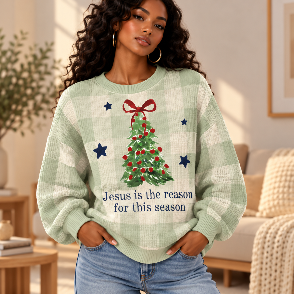 Sage Checkered Tree Bow Waffle Sweatshirt