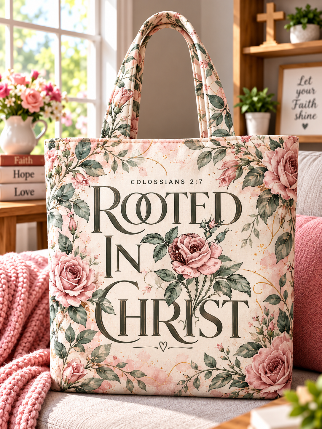 Rooted in Christ Rose Tote Bag