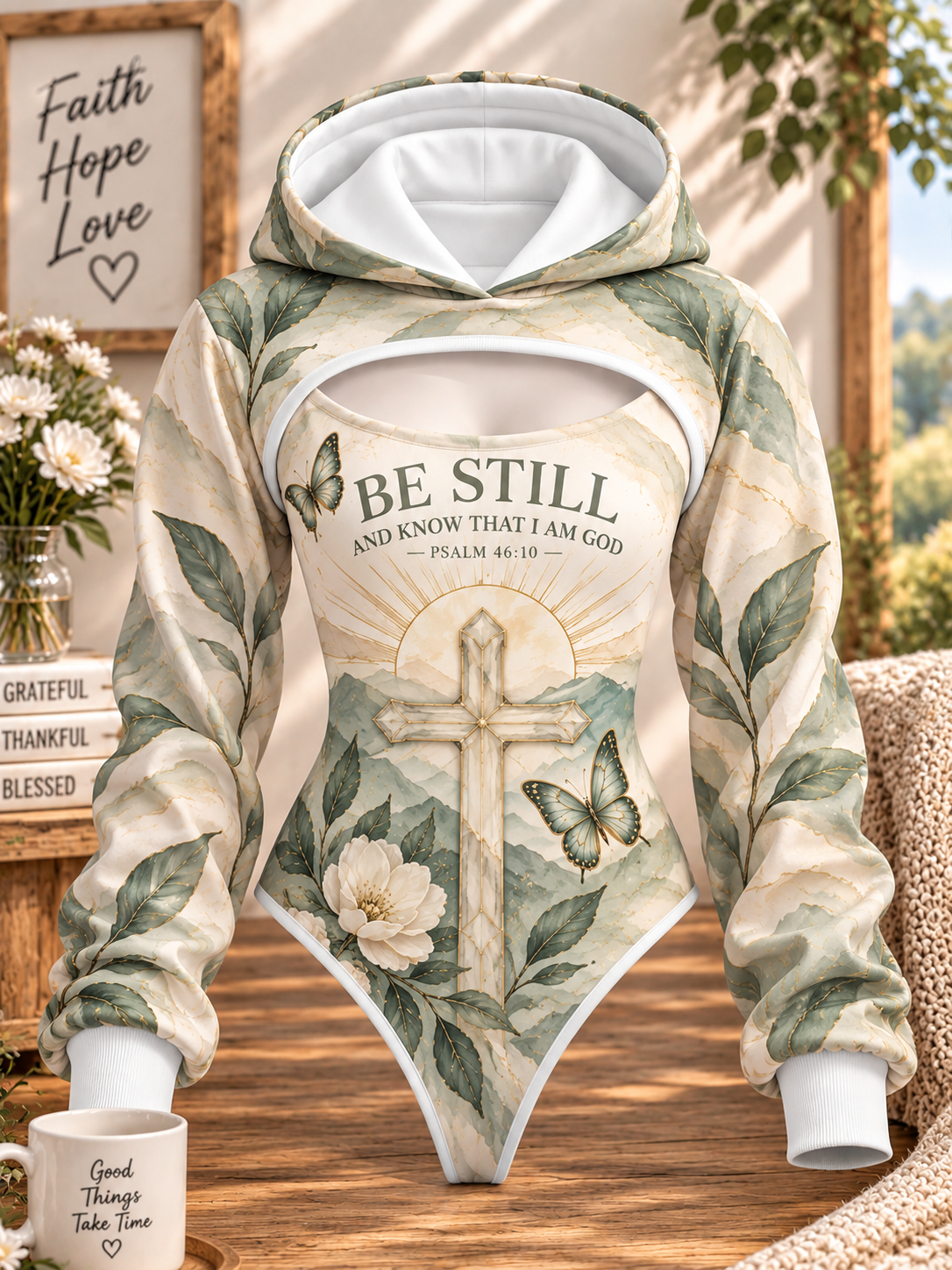 Be Still Cross Butterfly Hooded Jumpsuit