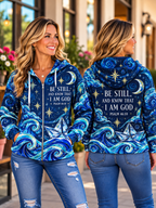 Front and back view of woman wearing blue wave Psalm 46:10 Be Still zip hoodie