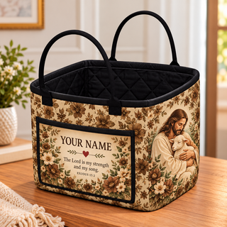 Vintage Brown Floral Lamb Personalized Quilted Storage Basket