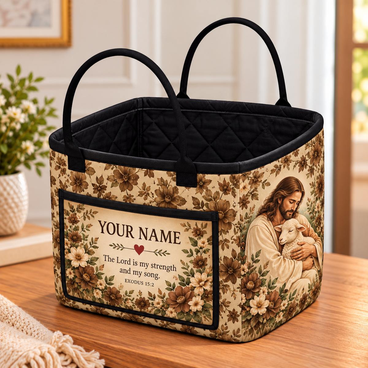 Vintage Brown Floral Lamb Personalized Quilted Storage Basket
