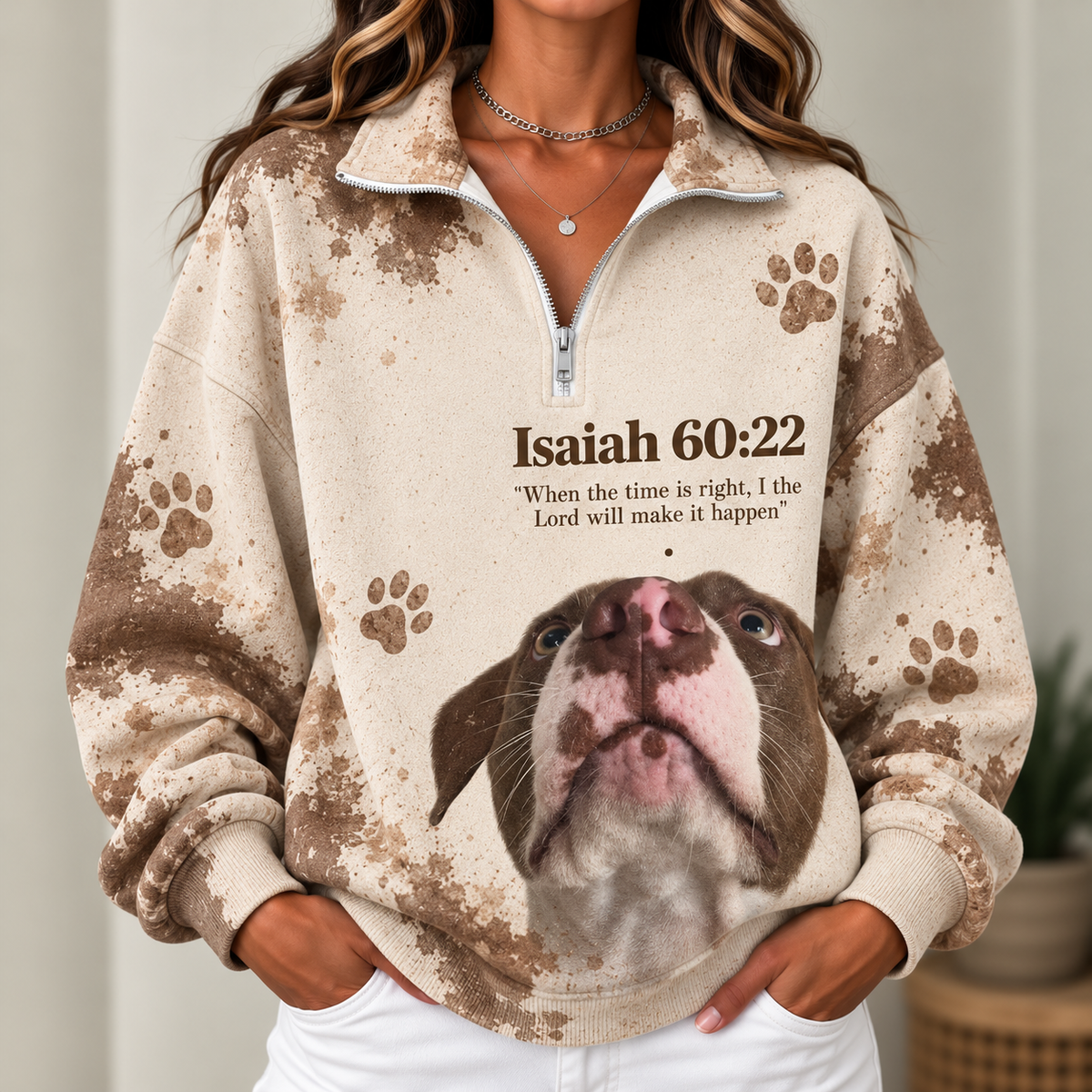 Brown and White Dog Women's Half-zip Sweatshirt NWY076