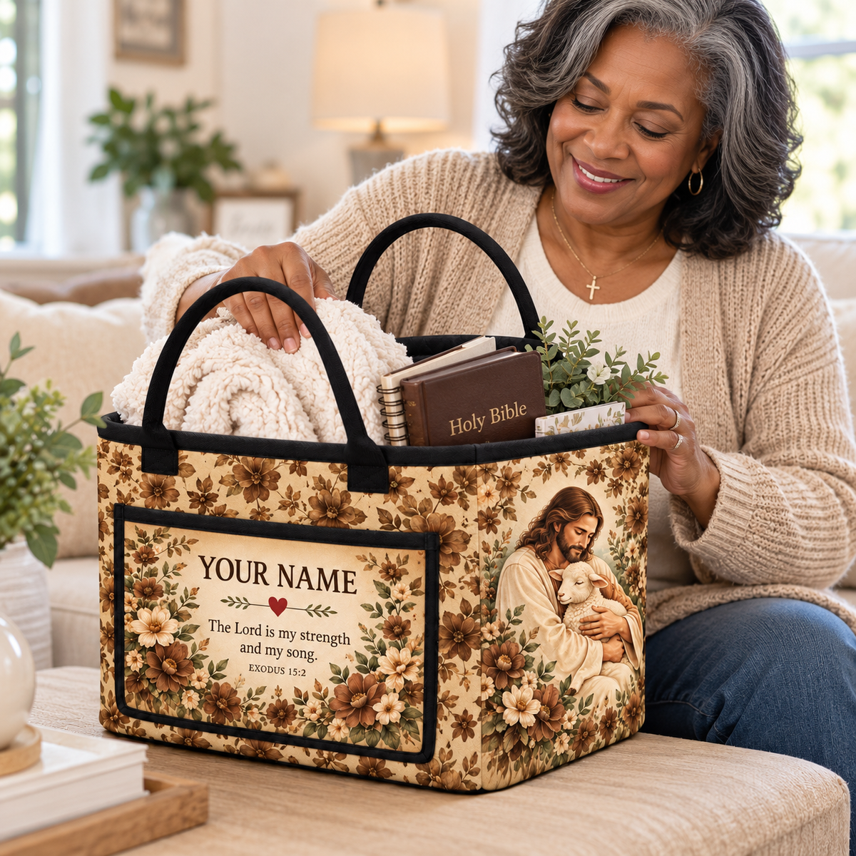 Vintage Brown Floral Lamb Personalized Quilted Storage Basket