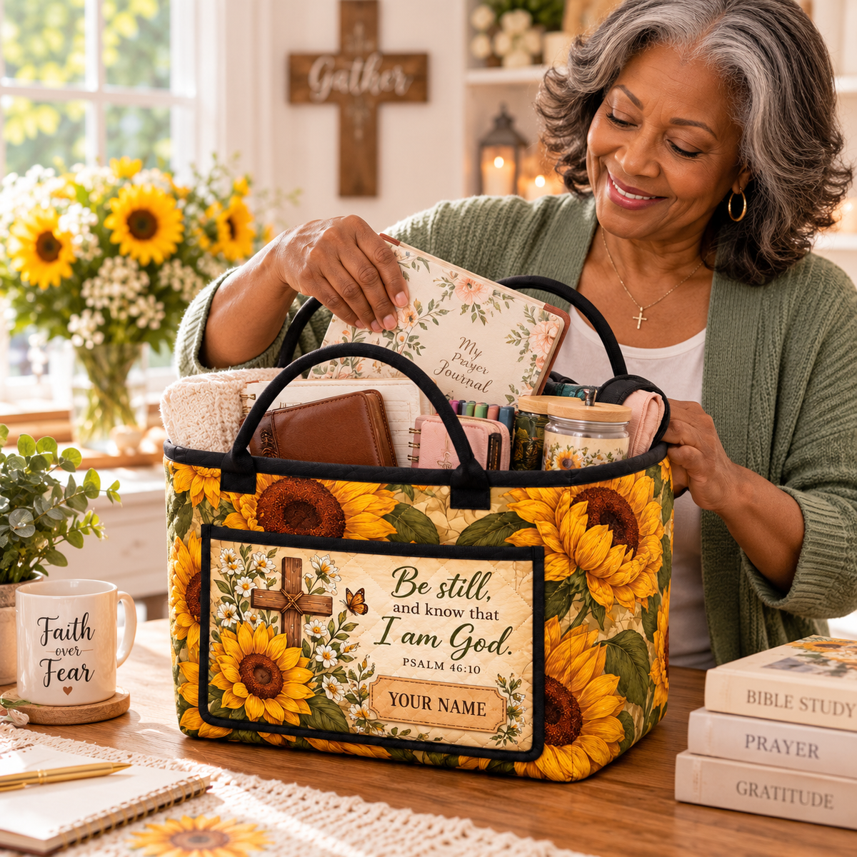 Vintage Sunflower Personalized Quilted Storage Basket